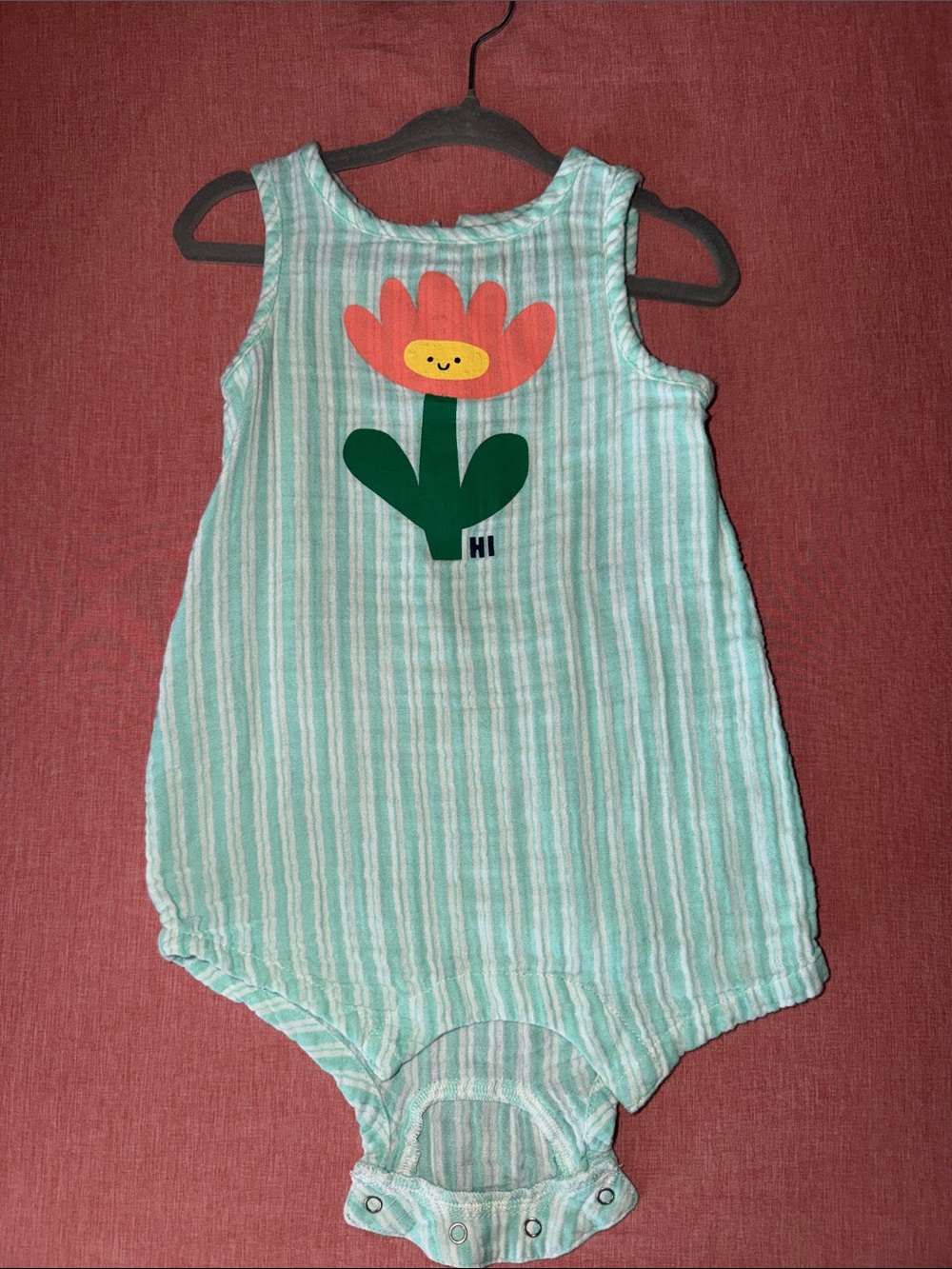Old Navy Mint and White Striped Baby Romper with Coral Flower